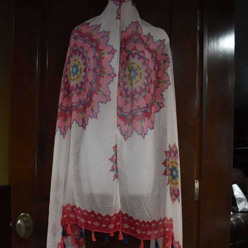 Boho Floral Tassel Scarf Shawl Red Pink White Sheer Lightweight Gypsy Chic